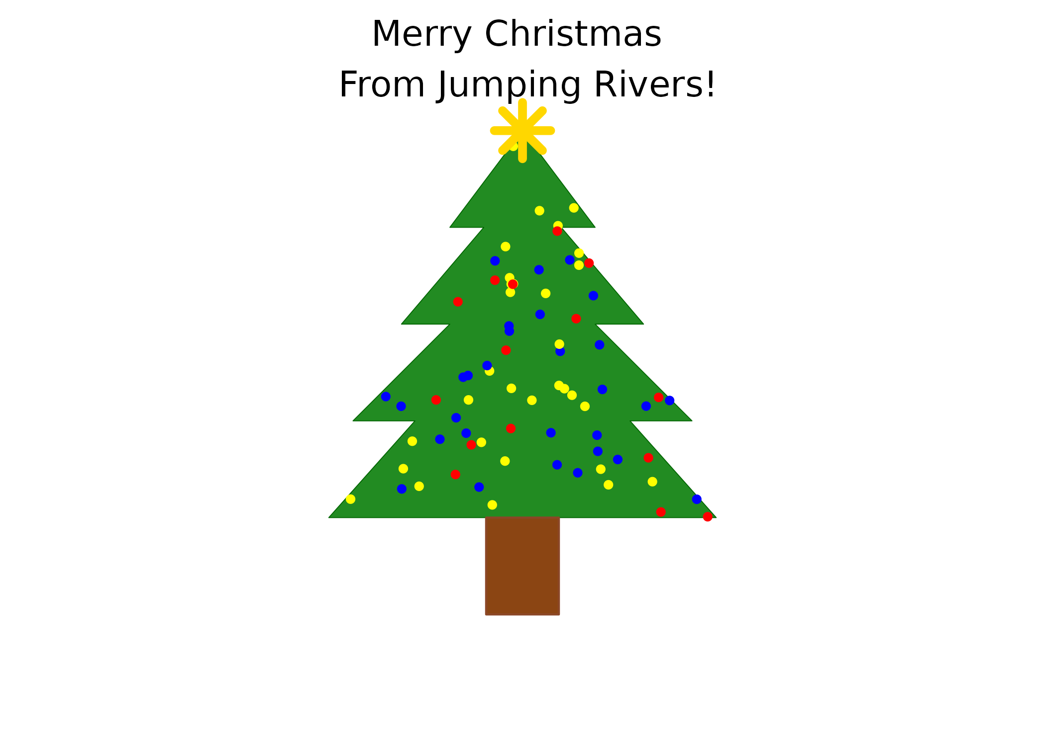 Christmas tree with lights made with the sf and Ggplot2 R packages.