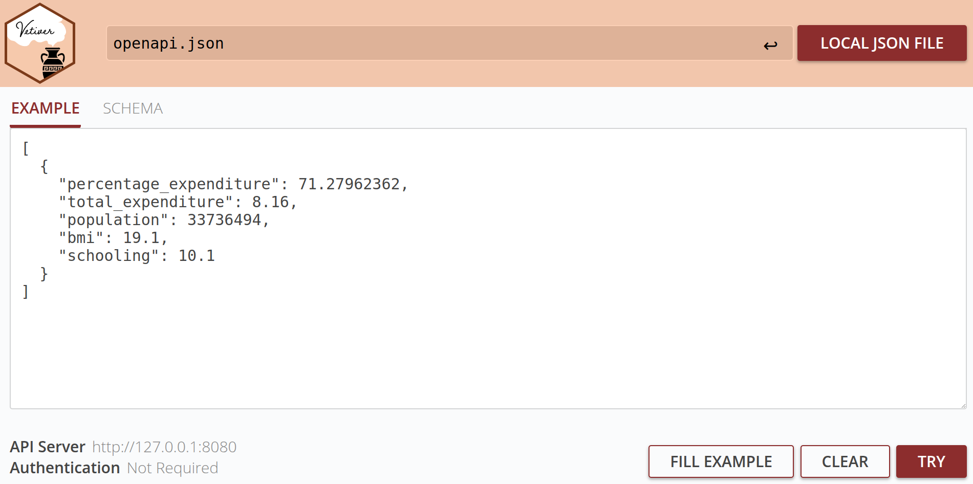 A screenshot of the user interface for the deployed model API. Some example input data is shown in a JSON format which can be ingested by the model. A try button is provided for the user to generate model predictions using this data. There are also buttons to clear the example data and fill in a new example.