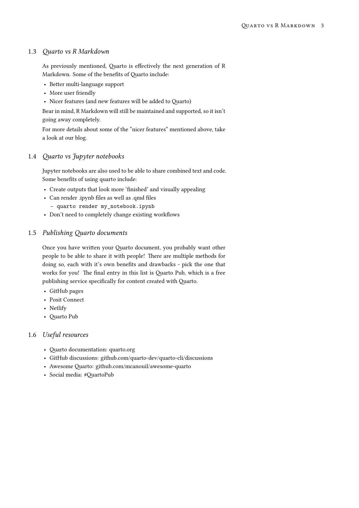 Page 3 of example course material for  Reporting with Quarto