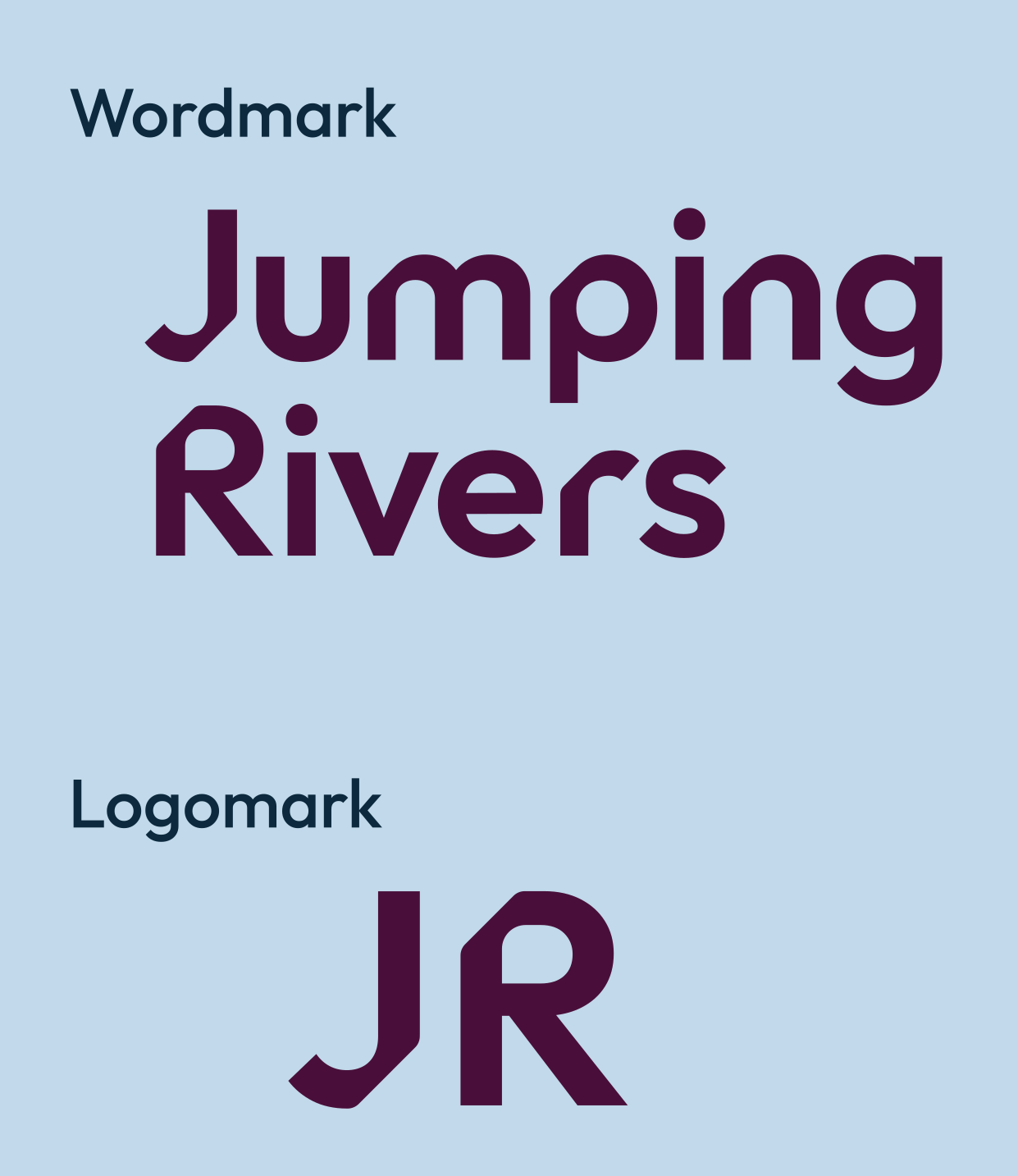 Diagram showing that the wordmark is the logo that says 'Jumping Rivers' and the logomark is the logo that says 'JR'