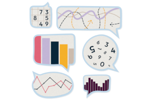 Cartoon of some speech bubbles showing plots and numbers