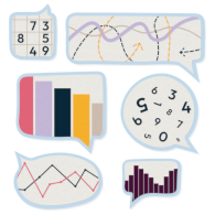 Cartoon of speech bubbles containing plots and numbers