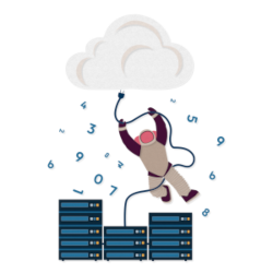 Cartoon of an astronaut plugging some servers into a cloud