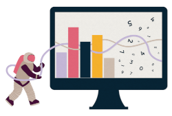 Cartoon of an astronaut tethered to a monitor showing some bars and numbers